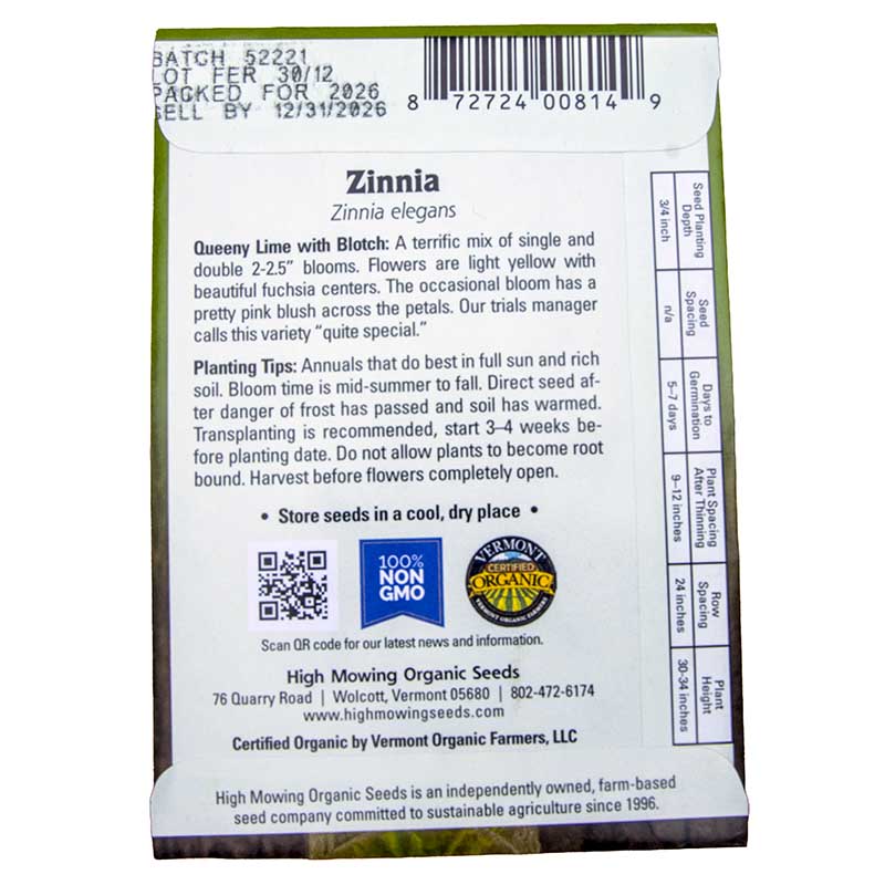 Queeny Lime with Blotch Zinnia Seeds (Organic)