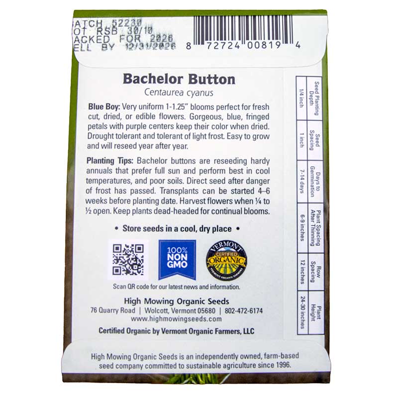 Blue Boy Bachelor Button Seeds (Organic)