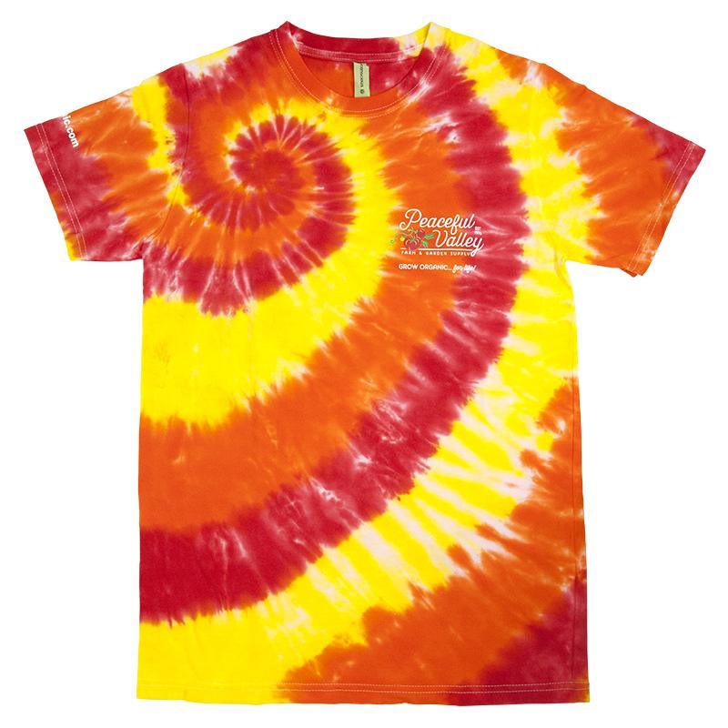 Peaceful Valley's Organic T Shirt Tie Dye Red/Orange/Yellow (Large)